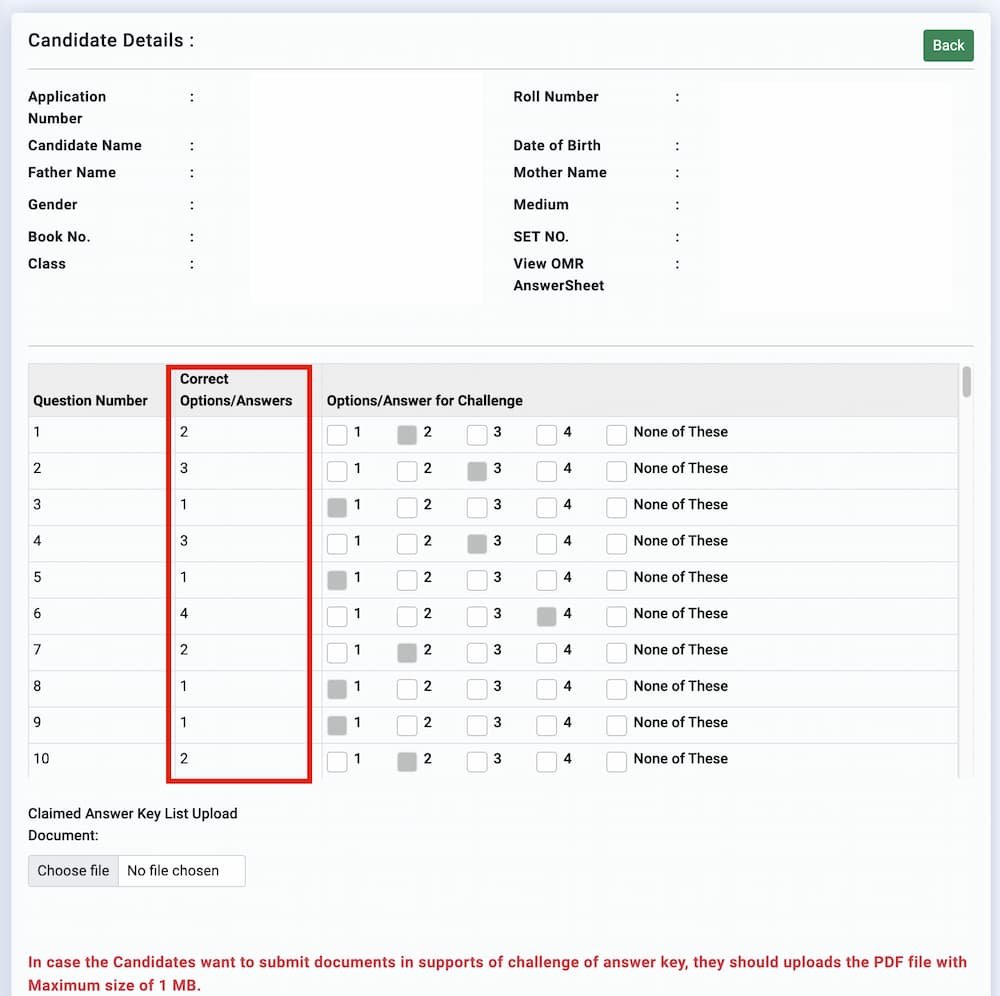 Challenge Sainik School answer key screen